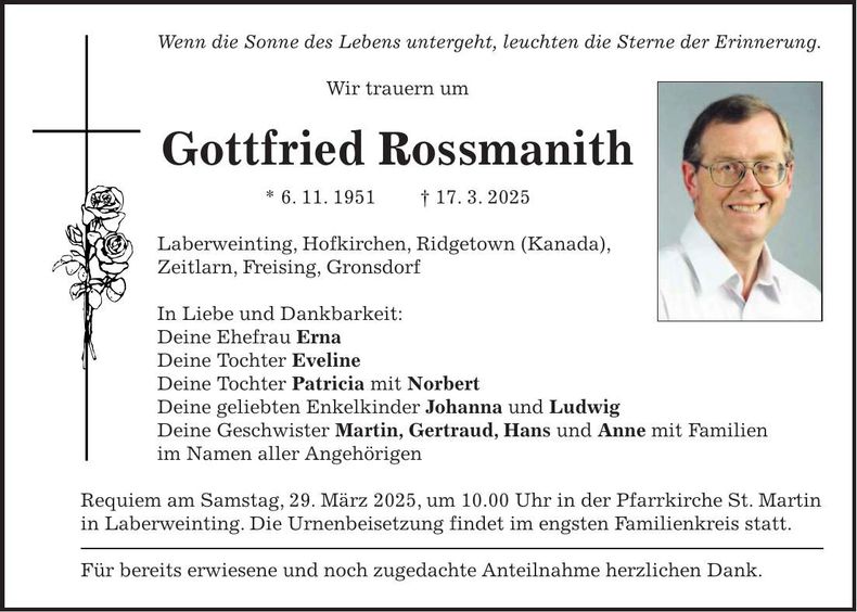 Traueranzeige Gottfried Rossmanith