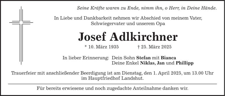 Traueranzeige Josef Adlkirchner