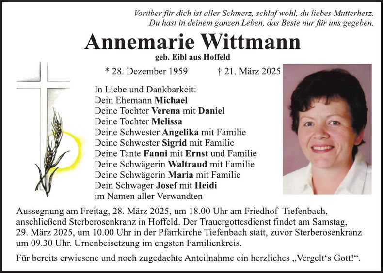 Traueranzeige Annemarie Wittmann