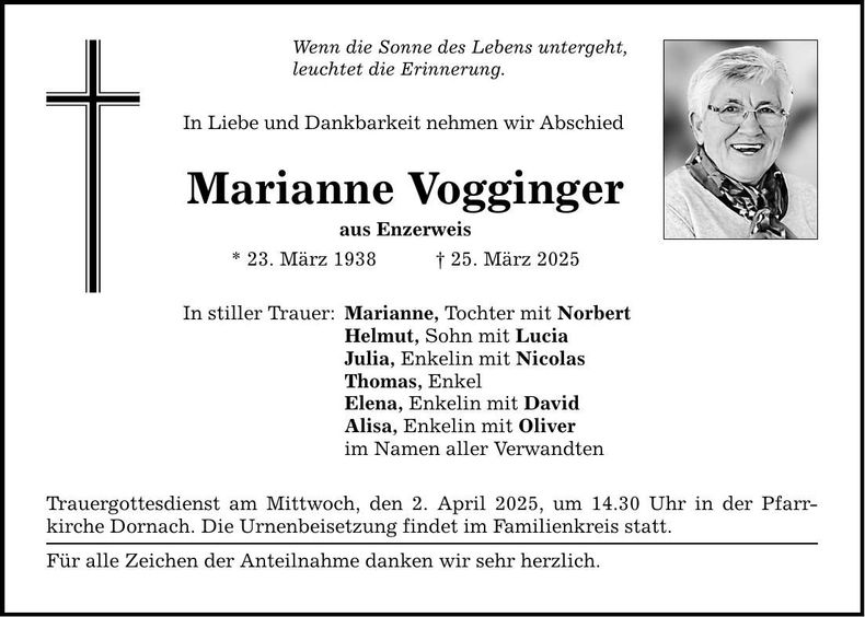 Traueranzeige Marianne Vogginger