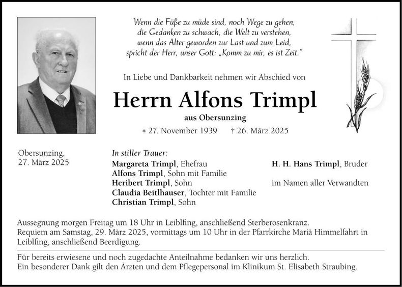 Traueranzeige Alfons Trimpl