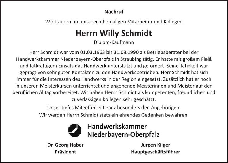 Traueranzeige Willy Schmid