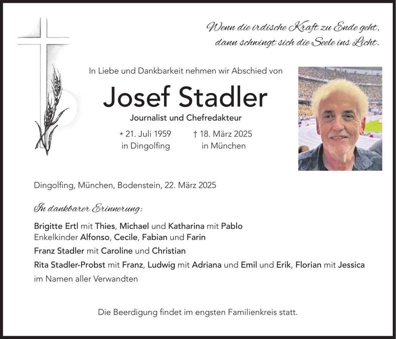 Traueranzeige Josef Stadler