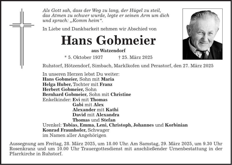 Traueranzeige Hans Gobmeier