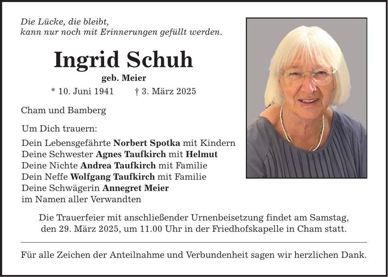 Traueranzeige Ingrid Schuh