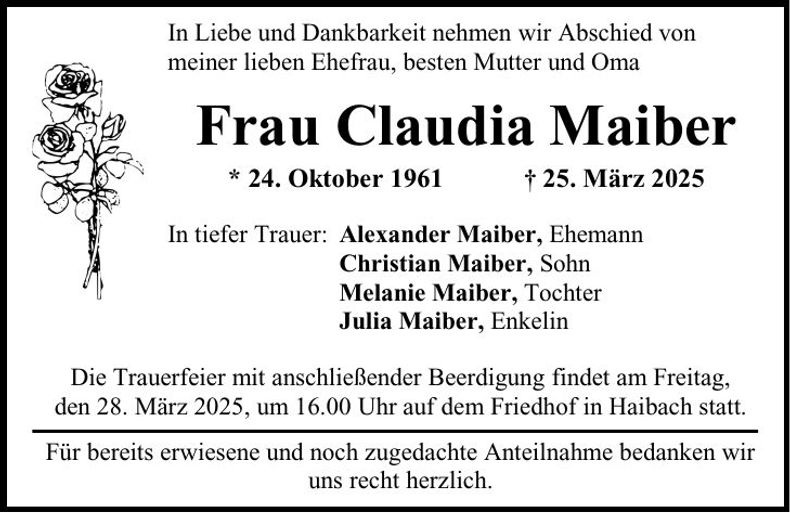 Traueranzeige Claudia Maiber