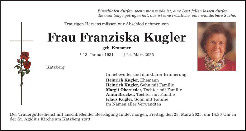 Traueranzeige Franziska Kugler