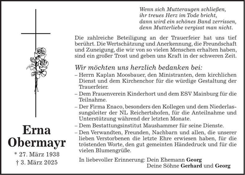 Traueranzeige Erna Obermayr