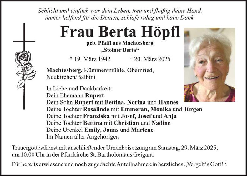 Traueranzeige Berta Höpfl