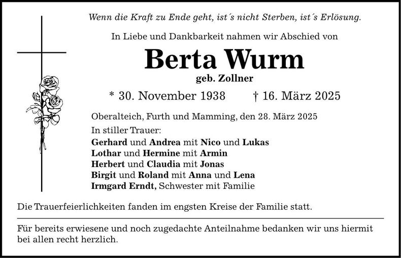 Traueranzeige Berta Wurm