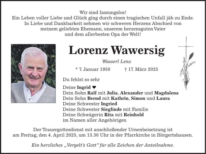 Traueranzeige Lorenz Wawersig