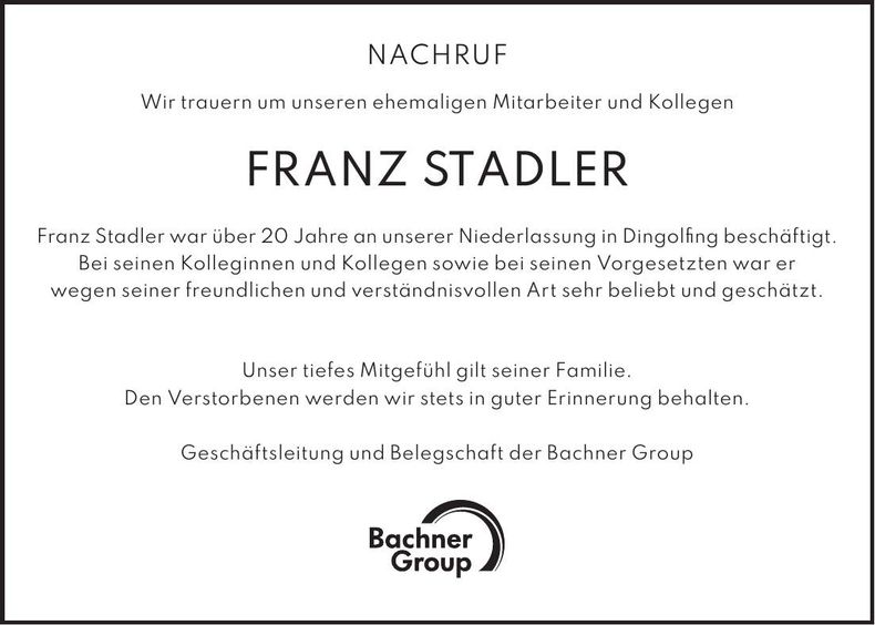 Traueranzeige Franz Stadler