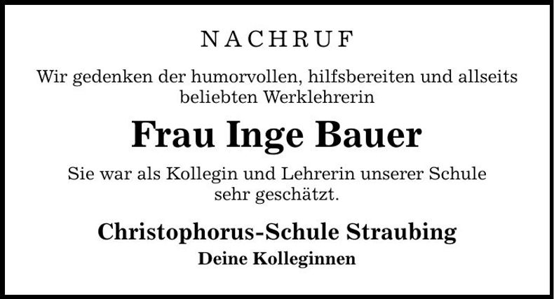 Traueranzeige Inge Bauer