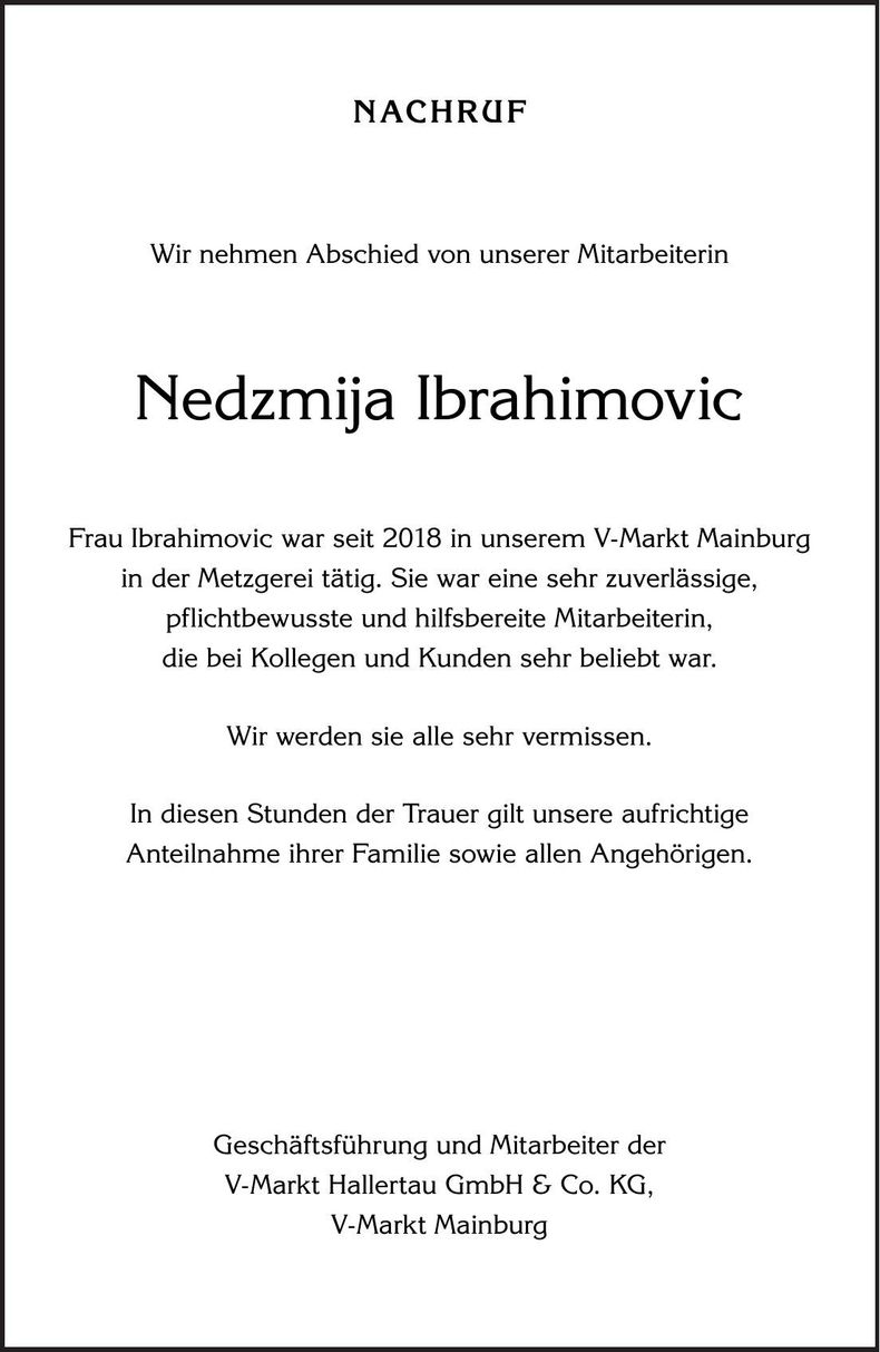 Traueranzeige Nedzmija Ibrahimovic
