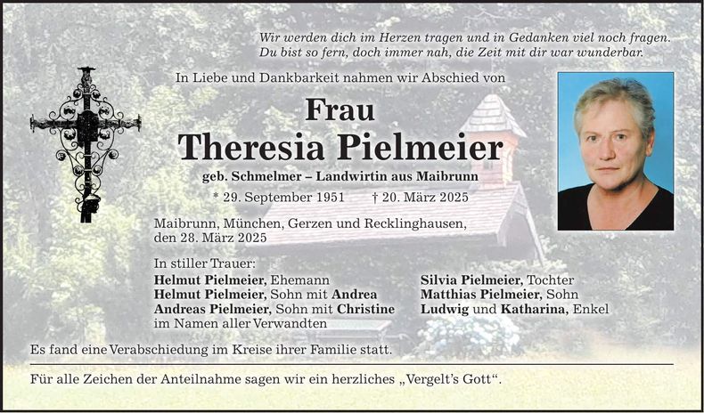 Traueranzeige Theresia Pielmeier