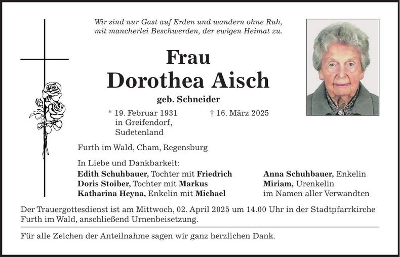Traueranzeige Dorothea Aisch