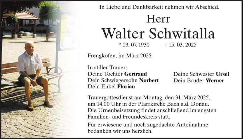 Traueranzeige Walter Schwitalla