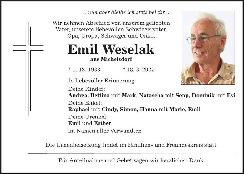 Traueranzeige Emil Weselak