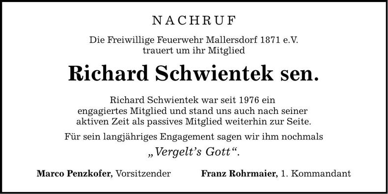 Traueranzeige Richard Schwientek sen.