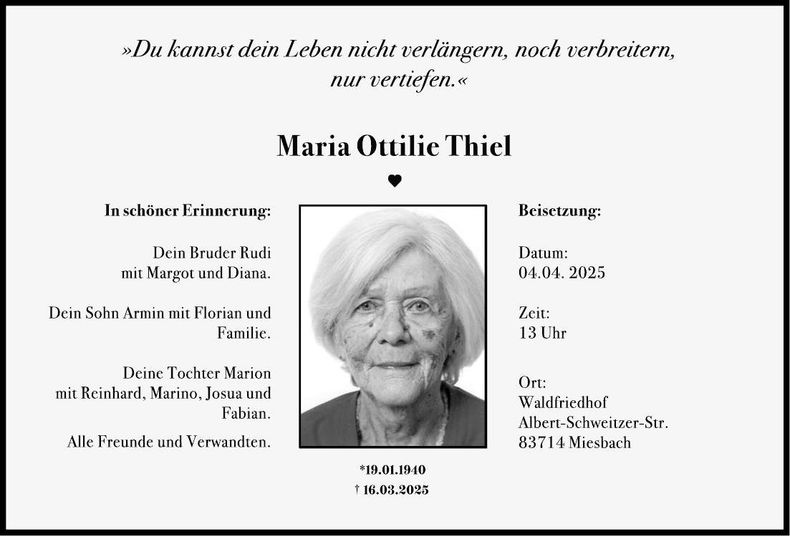 Traueranzeige Maria Ottilie Thiel