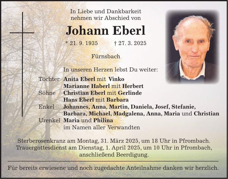 Traueranzeige Johann Eberl