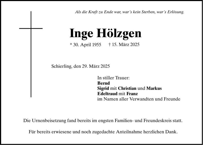 Traueranzeige Inge Hölzgen