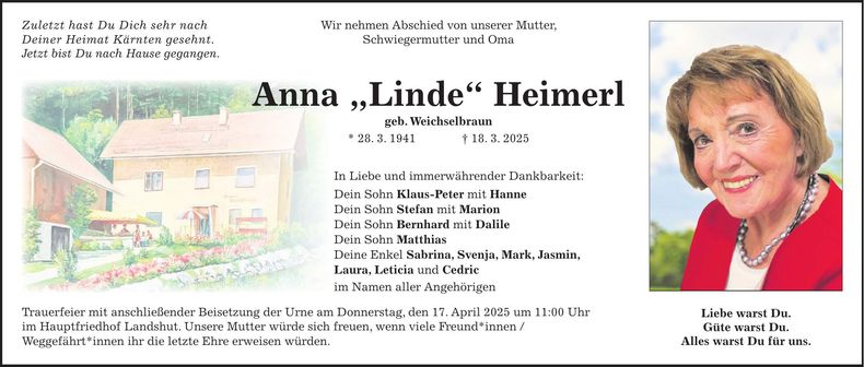 Traueranzeige Anna Heimerl