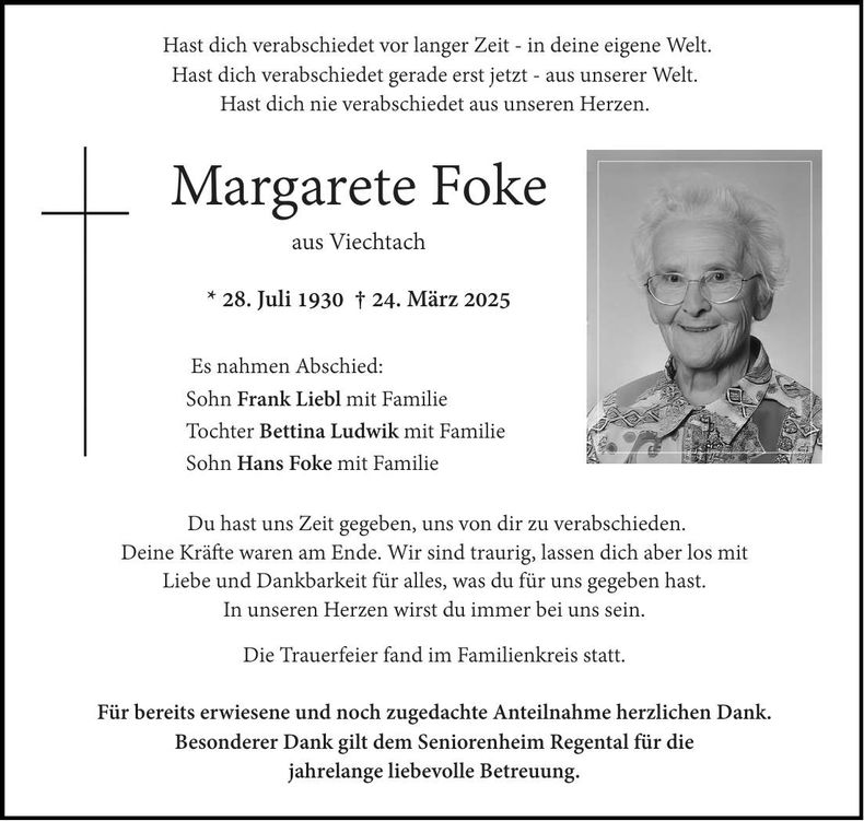 Traueranzeige Margarete Foke
