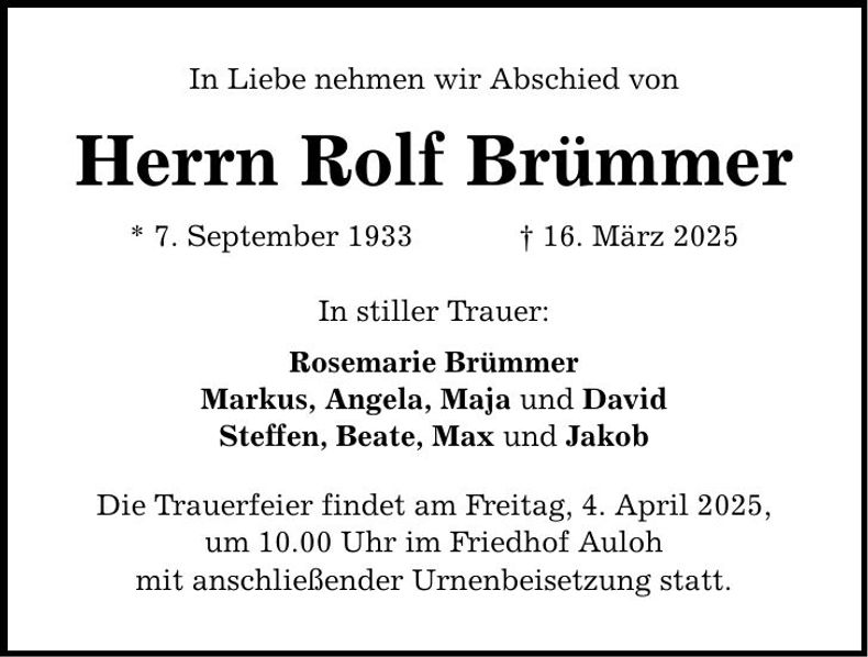 Traueranzeige Rolf Brümmer