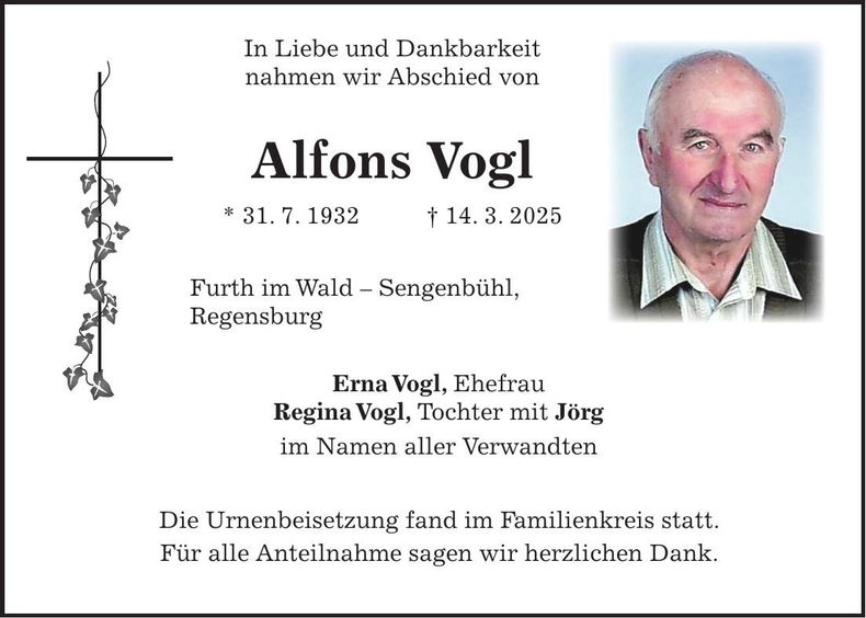 Traueranzeige Alfons Vogl