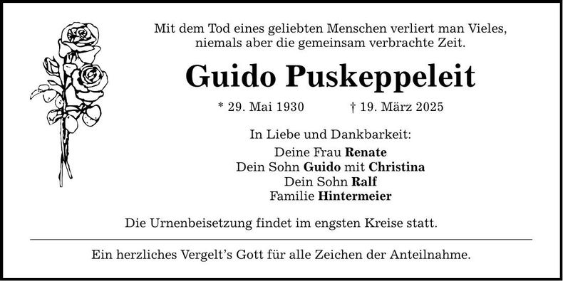 Traueranzeige Guido Puskeppeleit