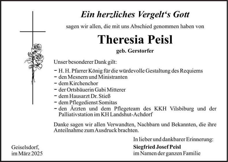 Traueranzeige Theresia Peisl