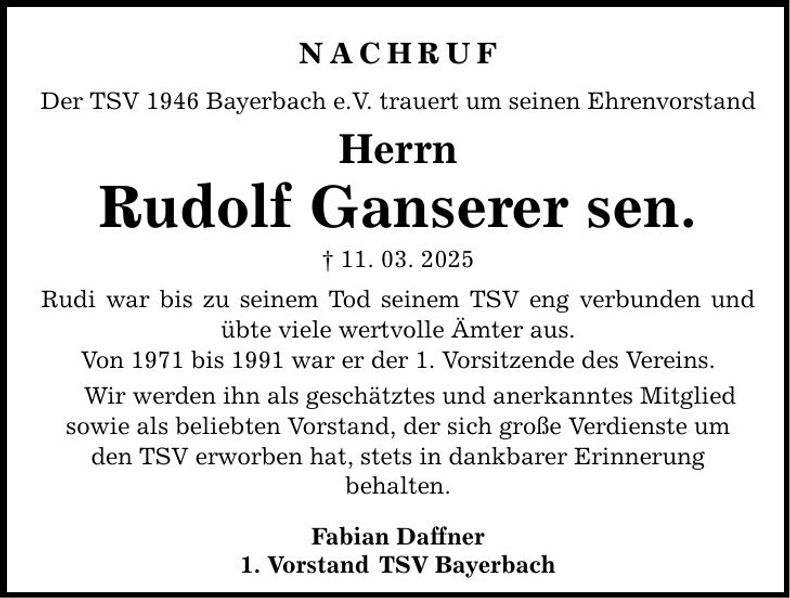 Traueranzeige Rudolf Ganserer