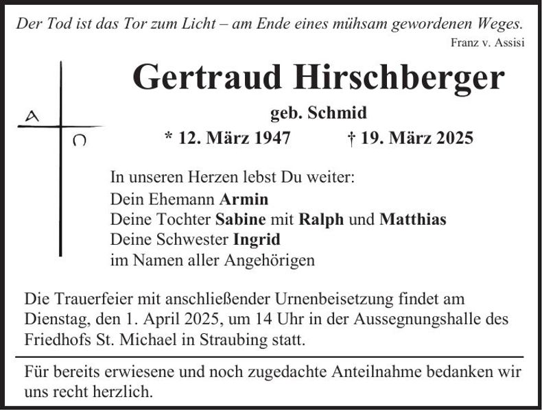 Traueranzeige Gertraud Hirschberger