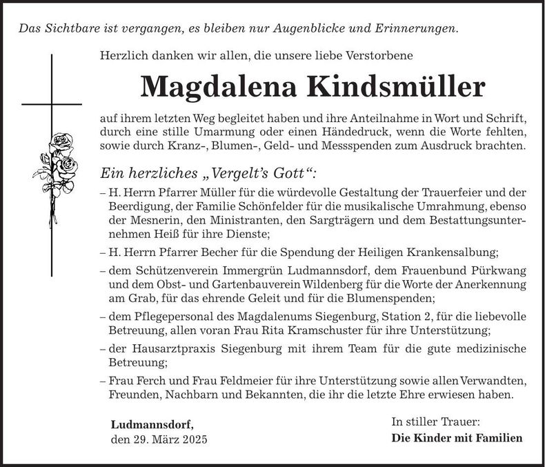 Traueranzeige Magdalena Kindsmüller