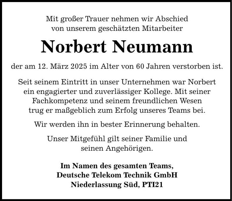 Traueranzeige Norbert Neumann