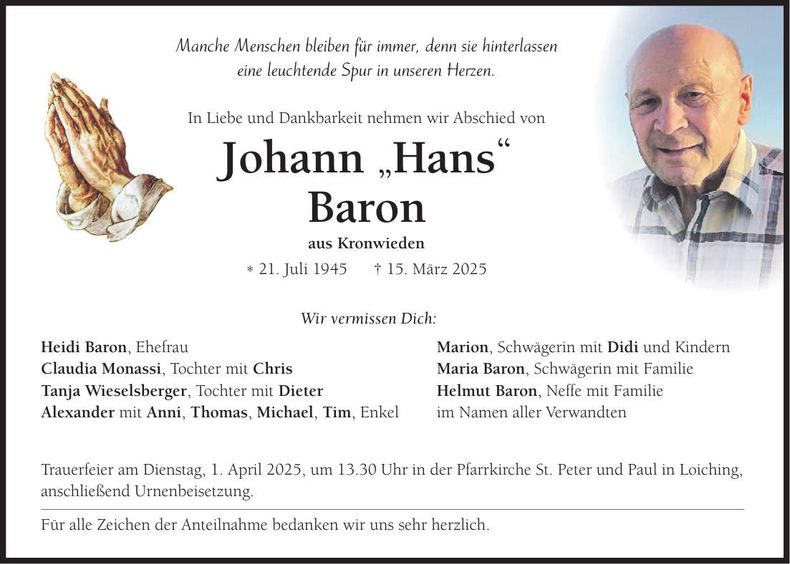 Traueranzeige Johann Baron