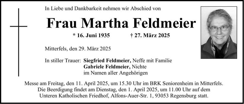 Traueranzeige Martha Feldmeier