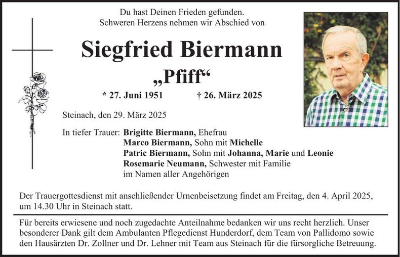 Traueranzeige Siegfried Biermann