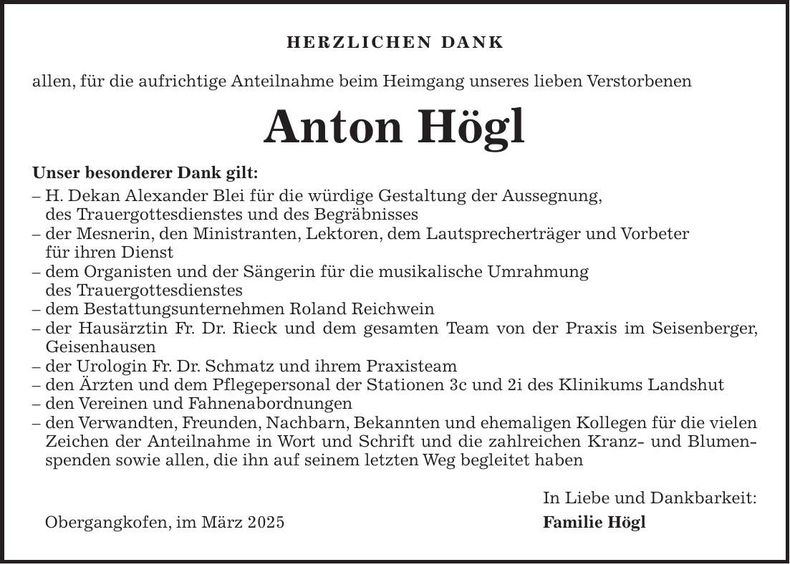 Traueranzeige Anton Högl