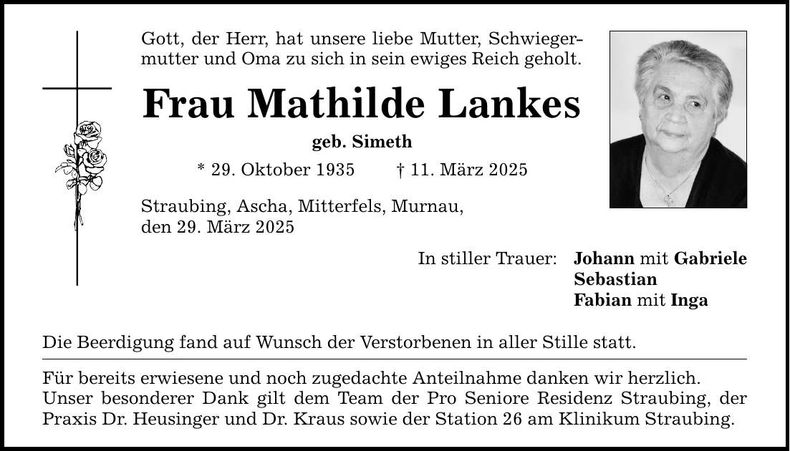 Traueranzeige Mathilde Lankes