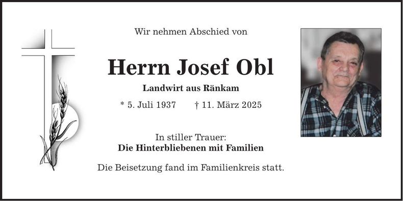 Traueranzeige Josef Obl