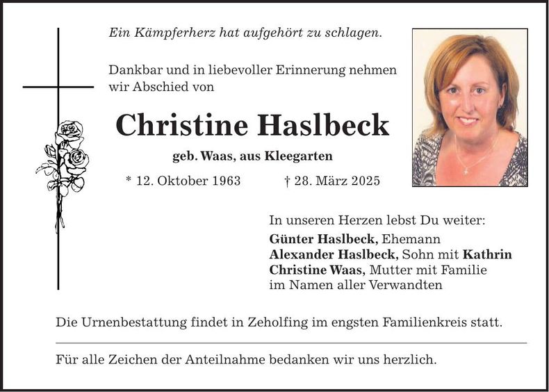 Traueranzeige Christine Haslbeck
