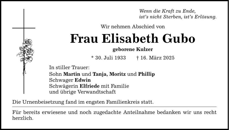 Traueranzeige Elisabeth Gubo
