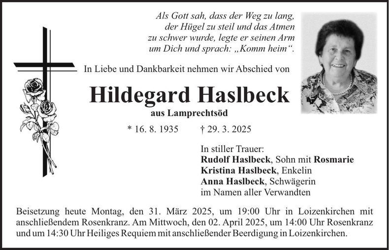 Traueranzeige Hildegard Haslbeck