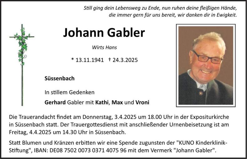 Traueranzeige Johann Gabler
