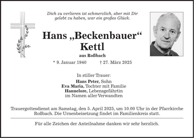 Traueranzeige Hans Kettl