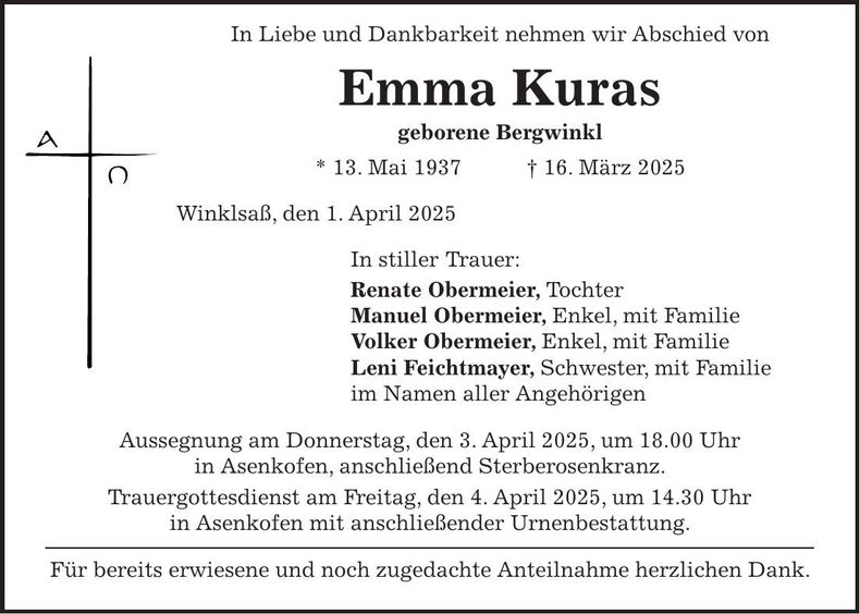 Traueranzeige Emma Kuras