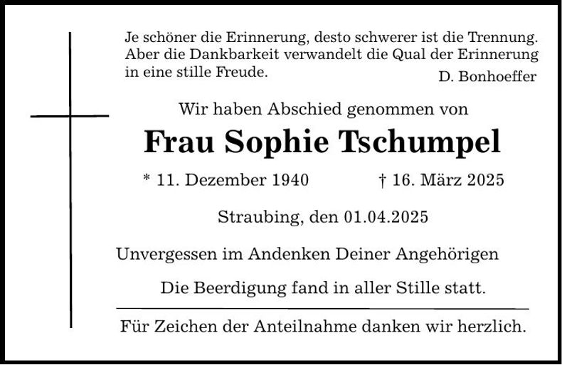Traueranzeige Sophie Tschumpel