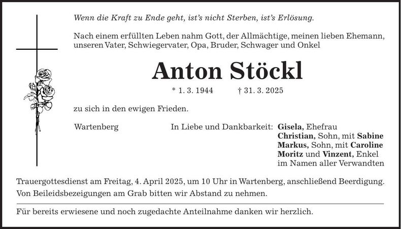 Traueranzeige Anton Stöckl